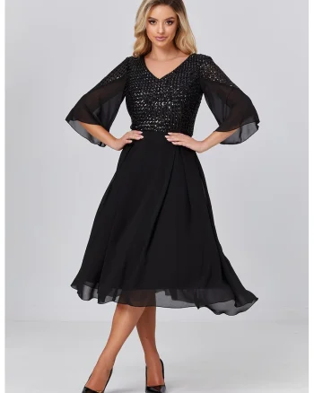 Rochie midi evazata cu aplicatii cu paiete, Negru