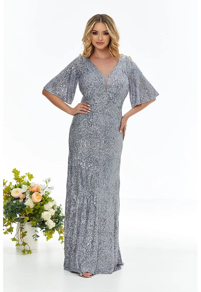 Rochie maxi cu aplicatii cu paiete, Argintiu