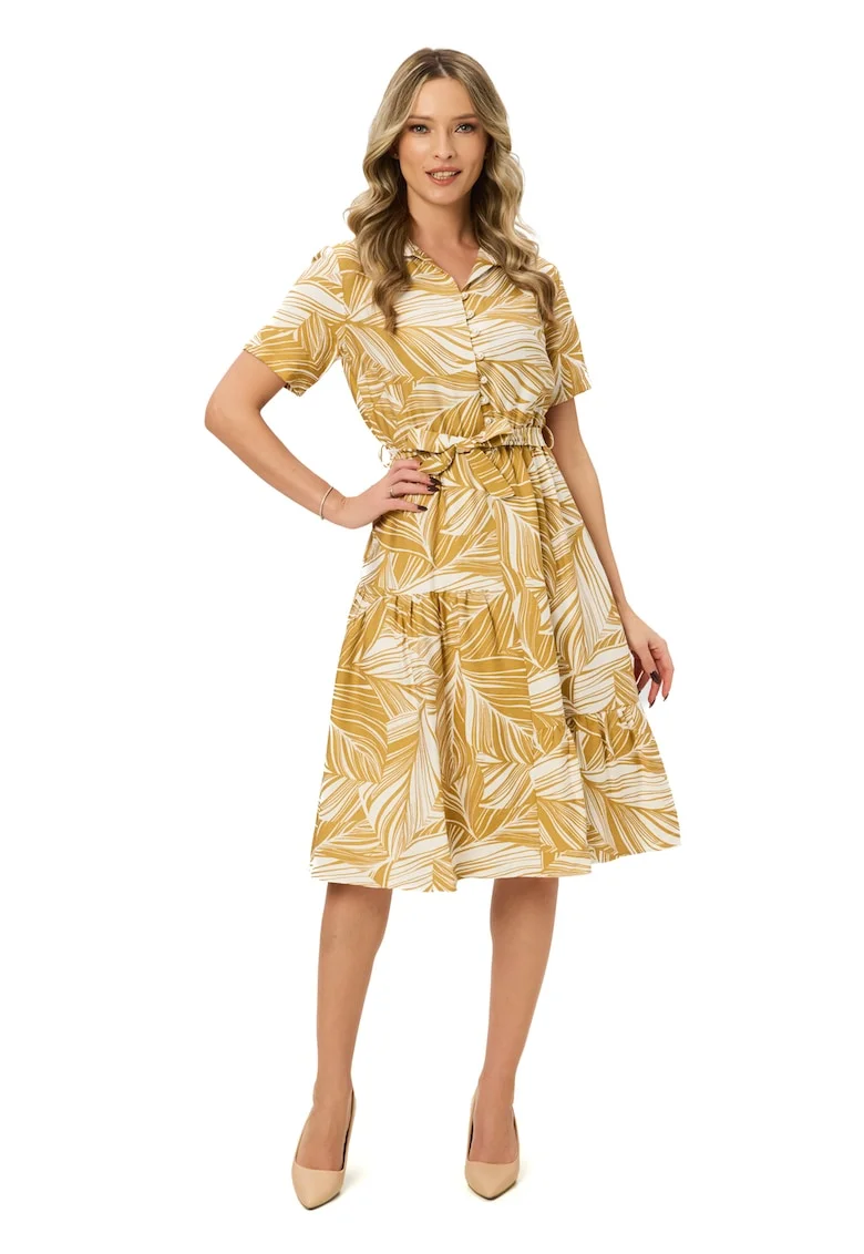 Rochie midi evazata, Alb/Galben pai