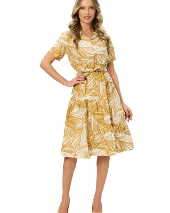 Rochie midi evazata, Alb/Galben pai