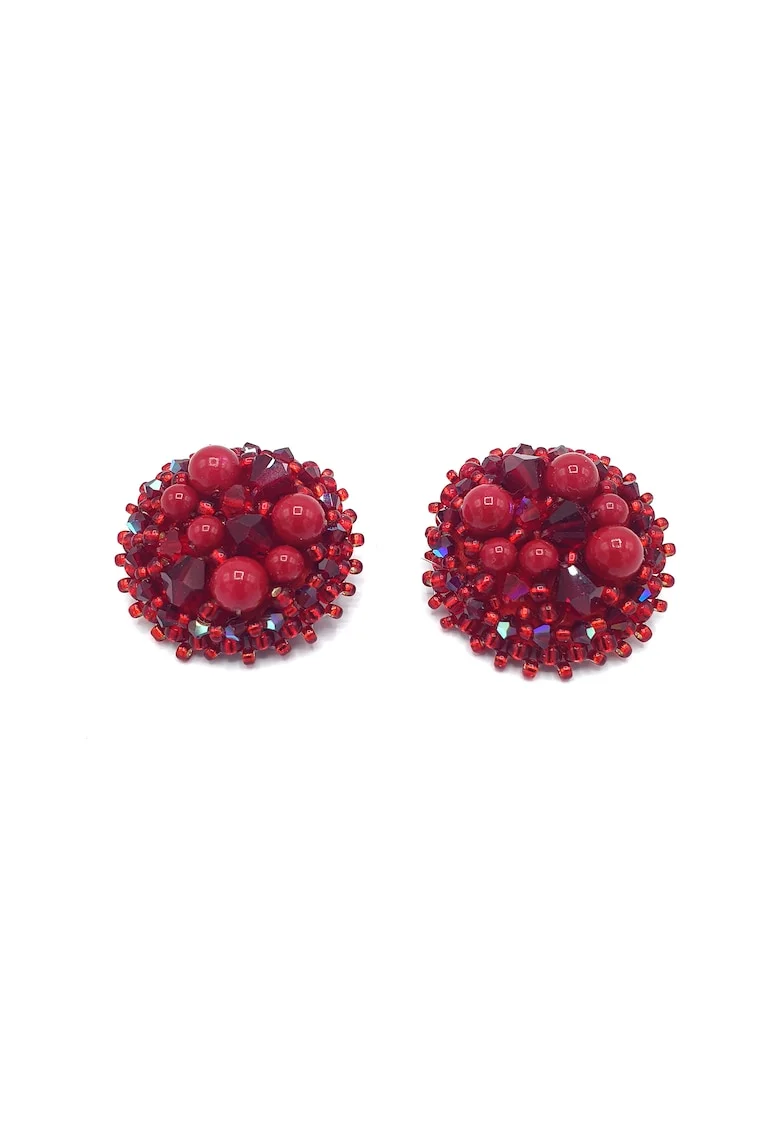 Cercei clips rotunzi,  Red Glam Clips, perle si cristale, rosii