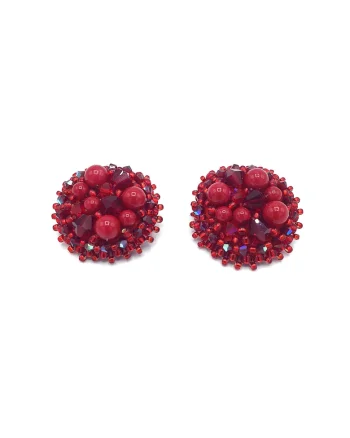 Cercei clips rotunzi,  Red Glam Clips, perle si cristale, rosii