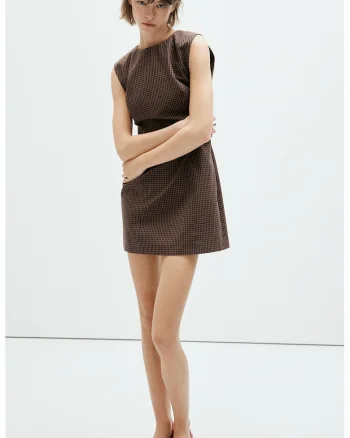Rochie slim fit cu model gingham, Maro taupe inchis