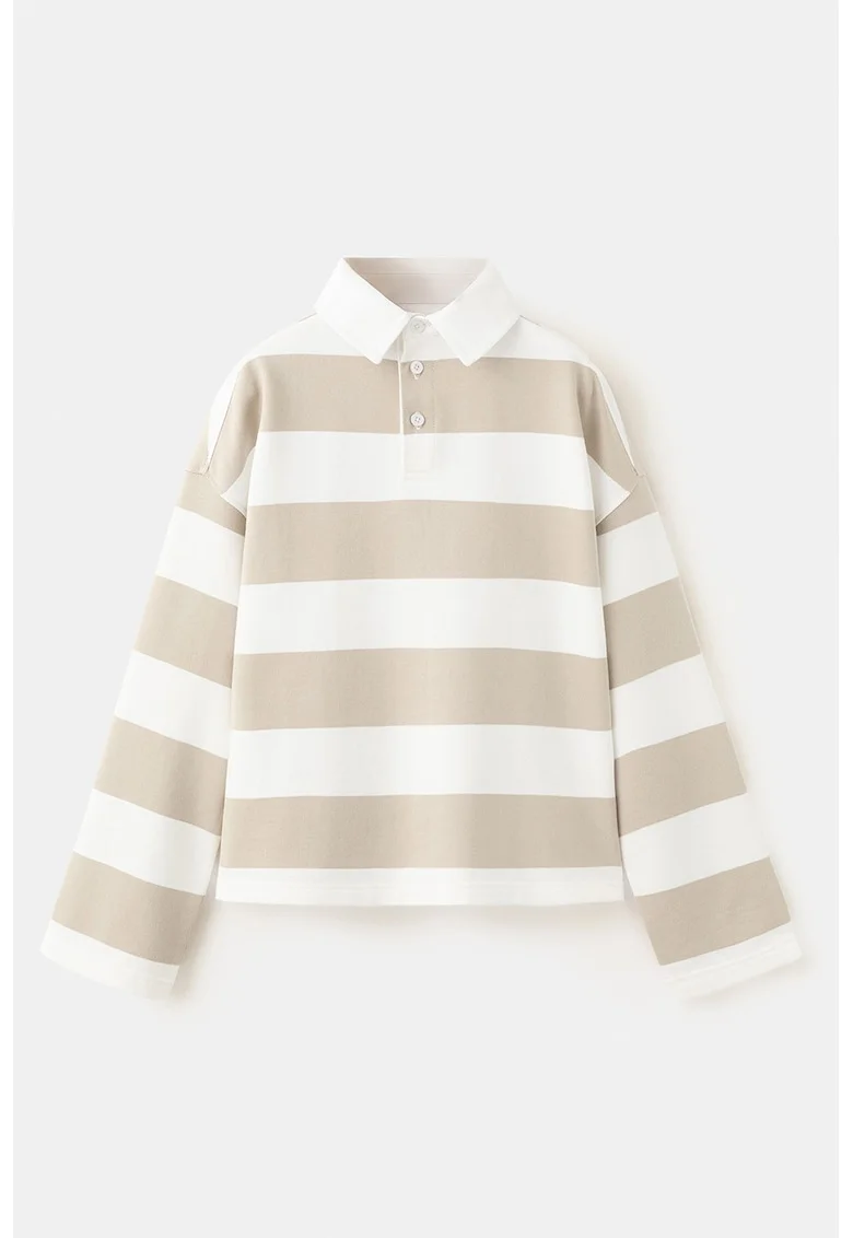 Bluza polo de trening cu croiala supradimensionata si dungi, Alb/Maro taupe deschis