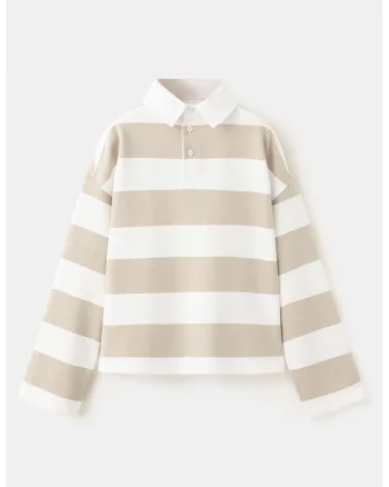 Bluza polo de trening cu croiala supradimensionata si dungi, Alb/Maro taupe deschis