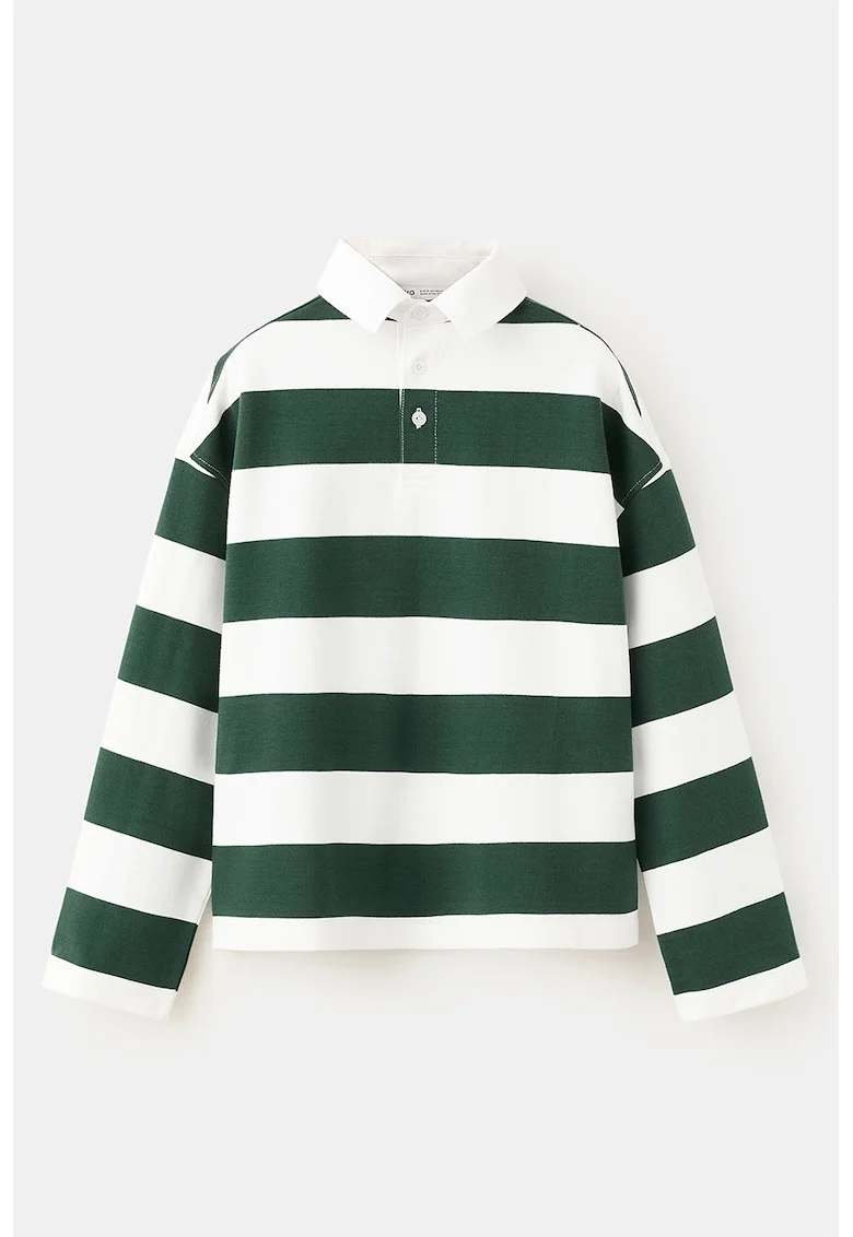 Bluza polo de trening cu croiala supradimensionata si dungi, Alb/Verde inchis