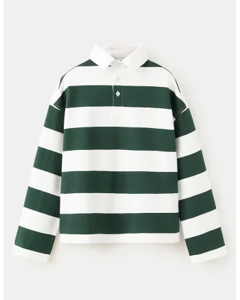 Bluza polo de trening cu croiala supradimensionata si dungi, Alb/Verde inchis