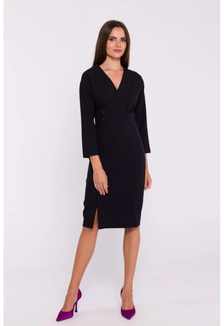 Rochie tip creion midi cu nasturi decorativi, Negru