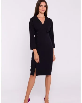 Rochie tip creion midi cu nasturi decorativi, Negru
