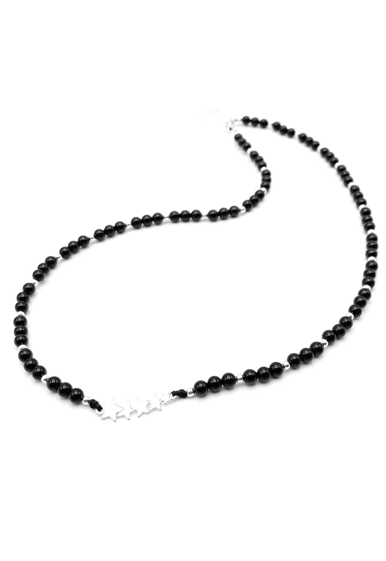 Colier cu pietre naturale Onix, bile si pandantiv Stele din Argint 925, reglabil