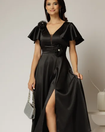 Rochie midi neagra de ocazie din tafta cu maneci evazate si decolteu adanc