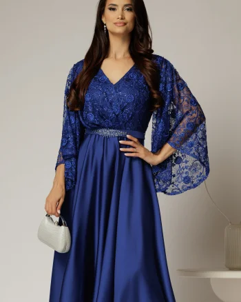 Rochie midi albastra de ocazie din satin si dantela