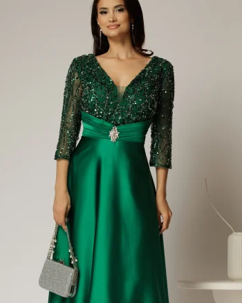 Rochie midi verde de ocazie din tafta si bustul cu paiete si dantela