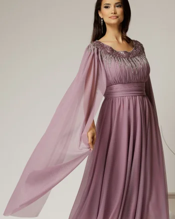 Rochie midi lila de ocazie din tul cu aplicatii la decolteu si maneci lungi