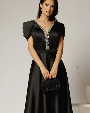 Rochie midi neagra din tafta cu aplicatii la decolteu si pliuri la maneci