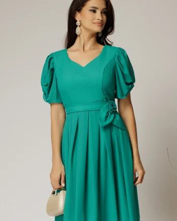 Rochie midi verde din voal sidefat si cordon detasabil