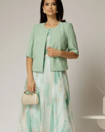 Compleu dama verde menta din sacou si rochie cu imprimeuri