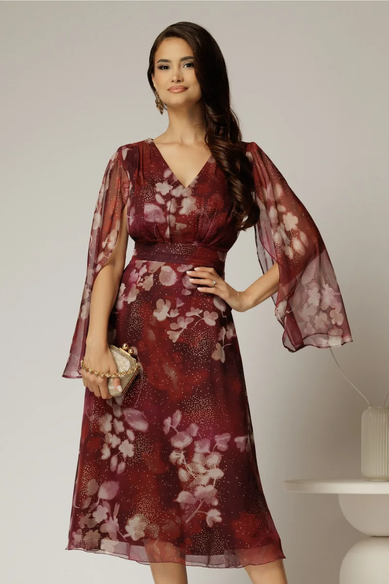Rochie de ocazie bordo cu imprimeu floral bej si insertii aurii