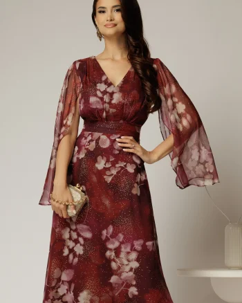 Rochie de ocazie bordo cu imprimeu floral bej si insertii aurii