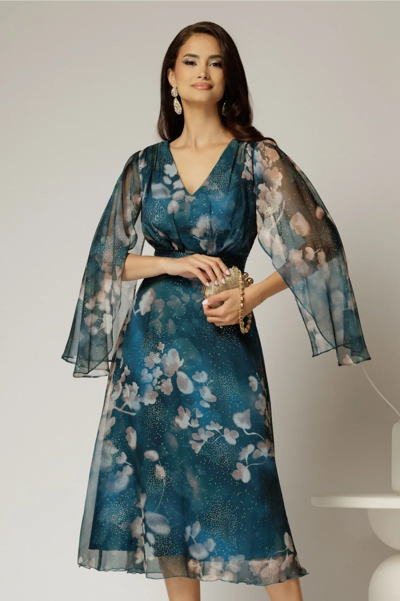 Rochie de ocazie albastru petrol cu imprimeu floral bej si insertii aurii