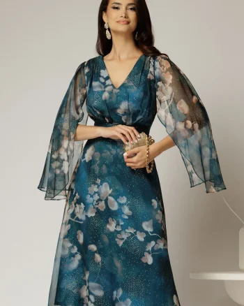 Rochie de ocazie albastru petrol cu imprimeu floral bej si insertii aurii