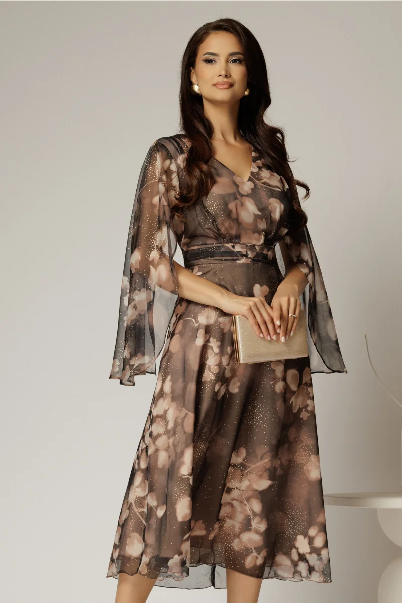 Rochie de ocazie gri inchis cu imprimeu floral bej si insertii aurii