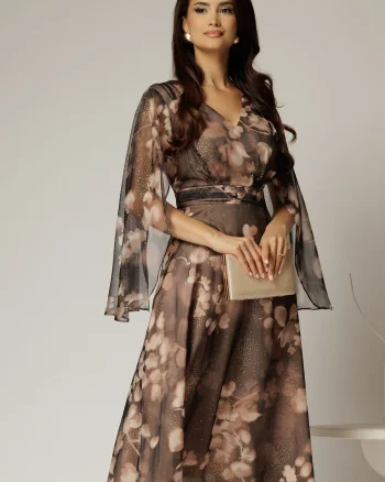 Rochie de ocazie gri inchis cu imprimeu floral bej si insertii aurii