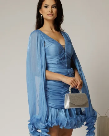 Rochie de ocazie bleu cu maneci vaporoase din voal peliculizat