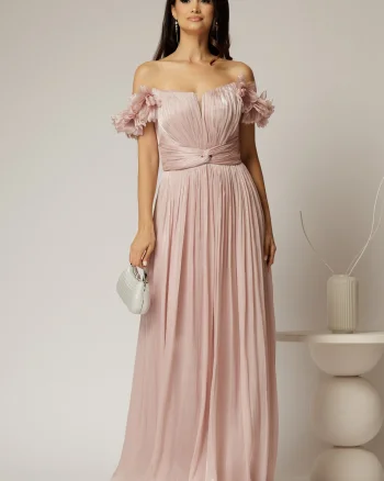 Rochie lunga de ocazie roz prafuit din voal peliculizat cu aplicatii florale 3D