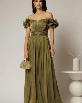Rochie lunga de ocazie olive din voal peliculizat cu aplicatii florale 3D
