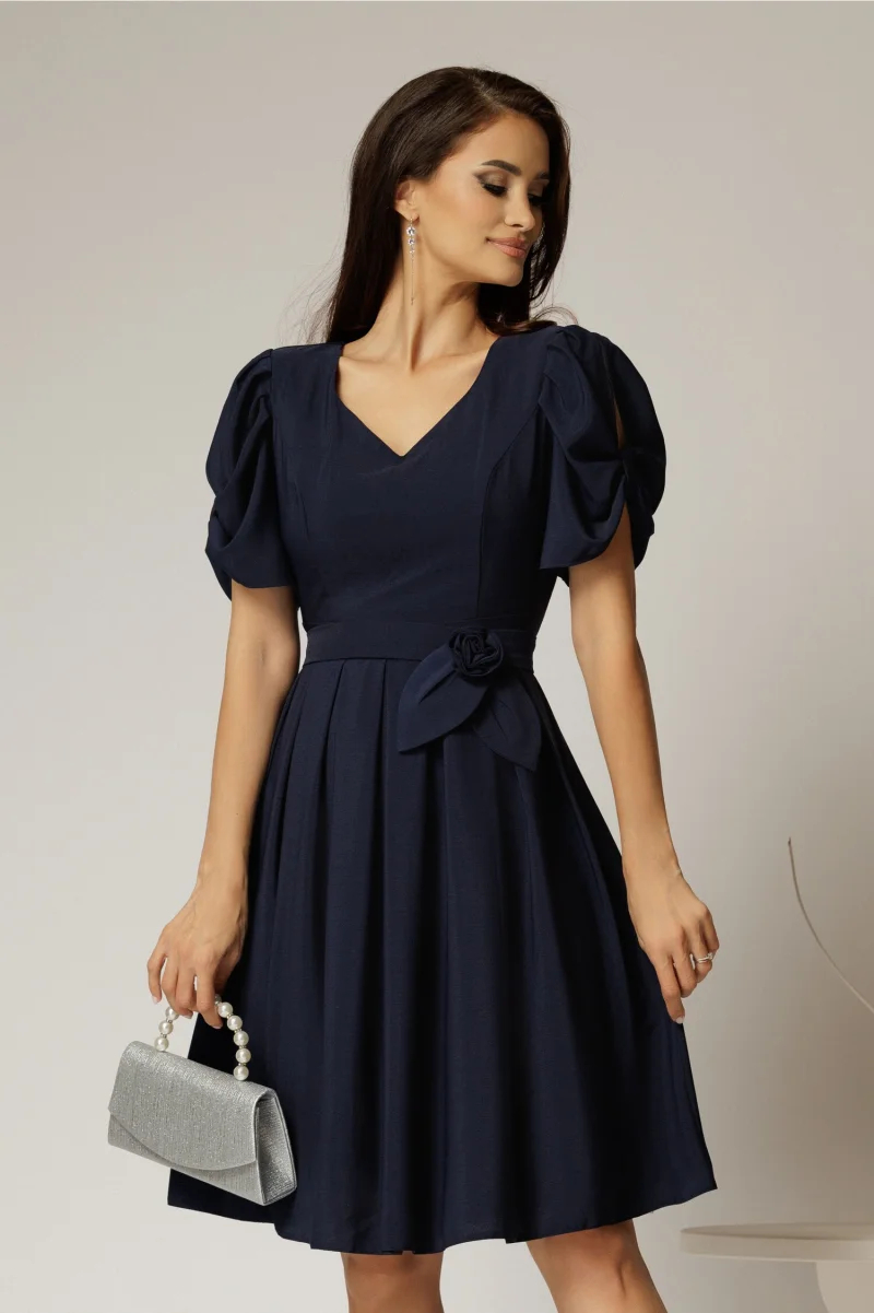 Rochie midi bleumarin din voal si cordon detasabil