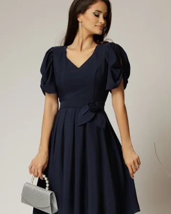 Rochie midi bleumarin din voal si cordon detasabil