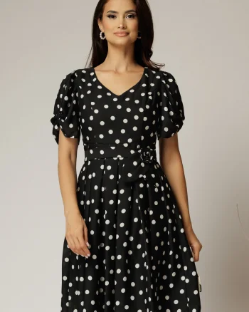 Rochie midi neagra cu buline albe din voal si cordon detasabil