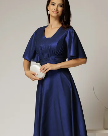 Rochie midi bleumarin de ocazie din voal cu sidef si decolteu in V