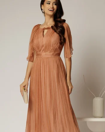 Rochie midi roz somon din matase cu detaliu floral si decolteu V