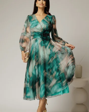 Rochie midi de ocazie verde turcoaz din voal cu imprimeuri bej