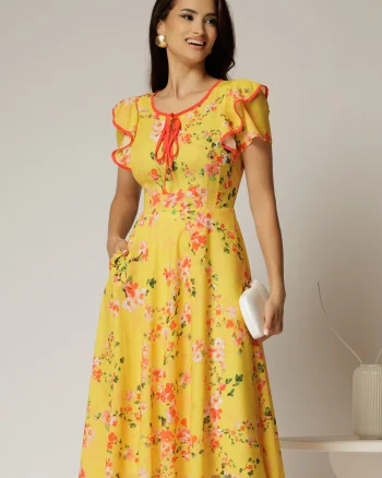 Rochie midi galbena de zi cu imprimeuri forale si volanase la maneci
