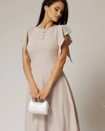 Rochie scurta bej de zi cu nasturi la bust si maneci scurte