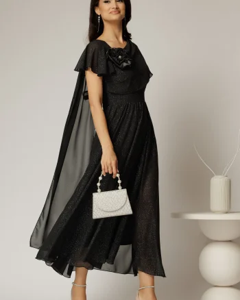 Rochie midi neagra de ocazie din voal cu sclipici si detaiu amplu foral la bust