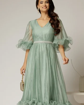 Rochie DY Fashion verde mint din voal creponat cu volanase si decolteu in V