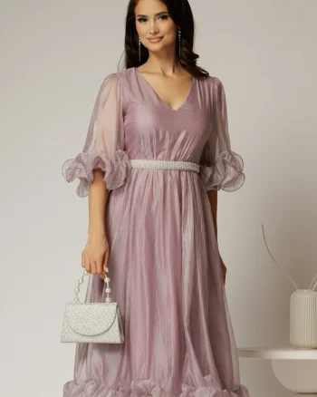 Rochie DY Fashion roz din voal creponat cu volanase si decolteu in V