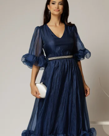 Rochie DY Fashion bleumarin din voal creponat cu volanase si decolteu in V