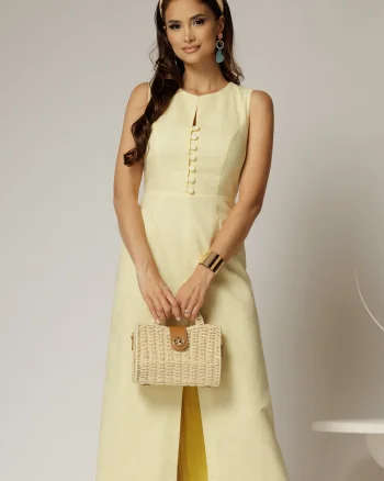 Rochie DY Fashion midi galbena din in cu nasturi pe bust fara maneci