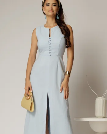 Rochie DY Fashion midi bleu din in cu nasturi pe bust fara maneci