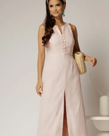 Rochie DY Fashion midi roz din in cu nasturi pe bust fara maneci