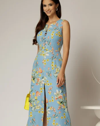Rochie DY Fashion midi bleu cu imprimeuri din in cu nasturi pe bust fara maneci