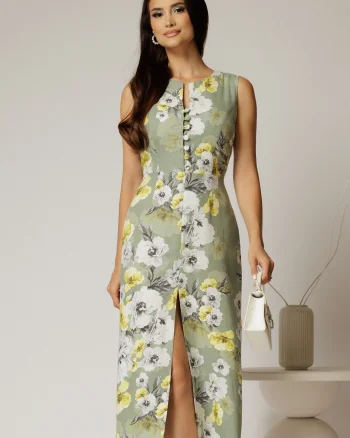 Rochie DY Fashion midi kaki cu imprimeuri din in cu nasturi pe bust fara maneci