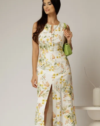 Rochie DY Fashion midi alba cu imprimeuri din in cu nasturi pe bust fara maneci