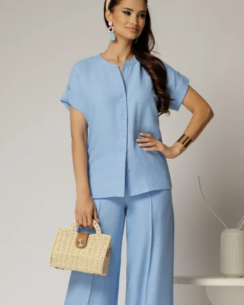 Bluza DY Fashion bleu de vara tip camasa cu guler tip tunica