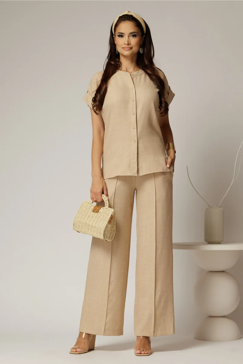 Pantaloni DY Fashion bej cu croi lejer din material vaporos